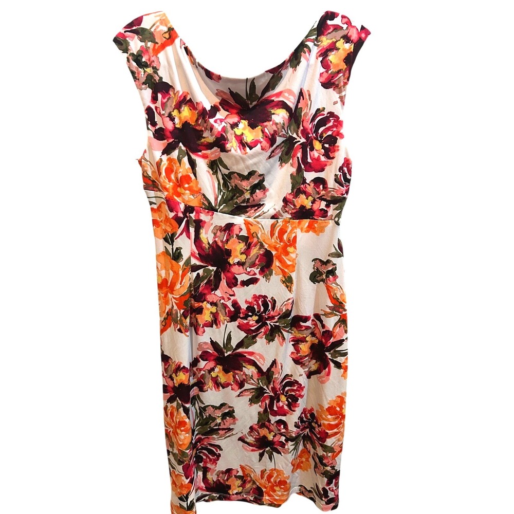 Connected Apparel Floral Print Sleeveless Dress White Orange Red Size 14